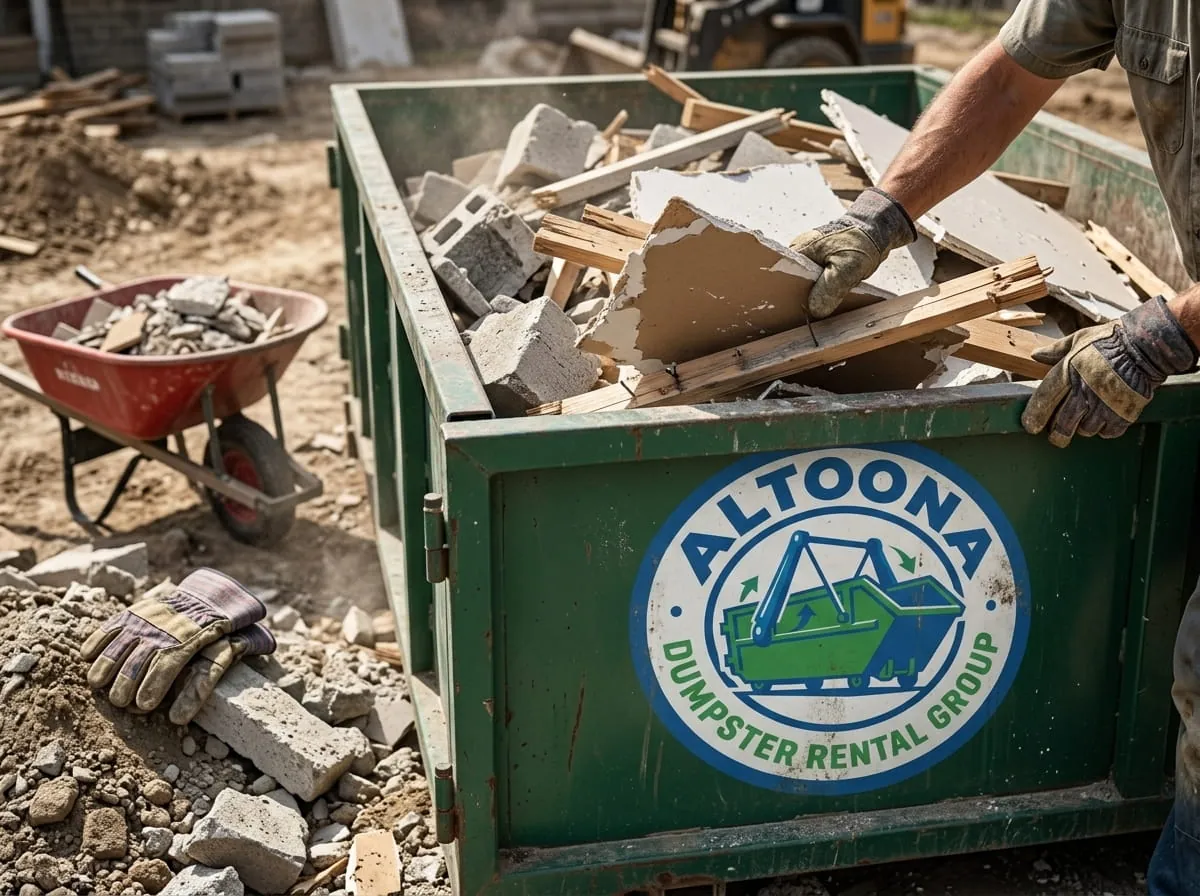Close-up of rubble, timber and a wheelbarrow beside a roll-off container Close-up of rubble, timber and a wheelbarrow beside a roll-off container