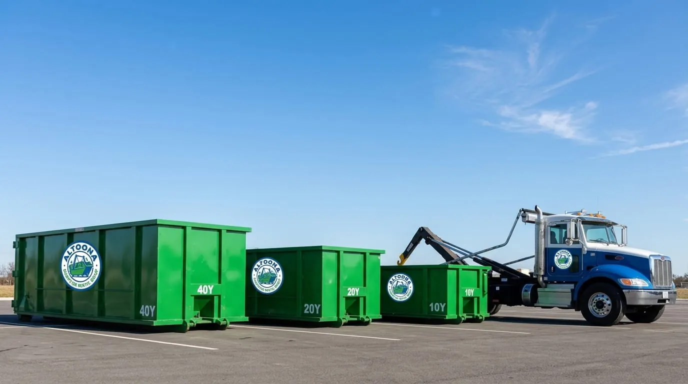 Altoona Dumpster Rental Group roll-off truck fleet parked at the Altoona yard