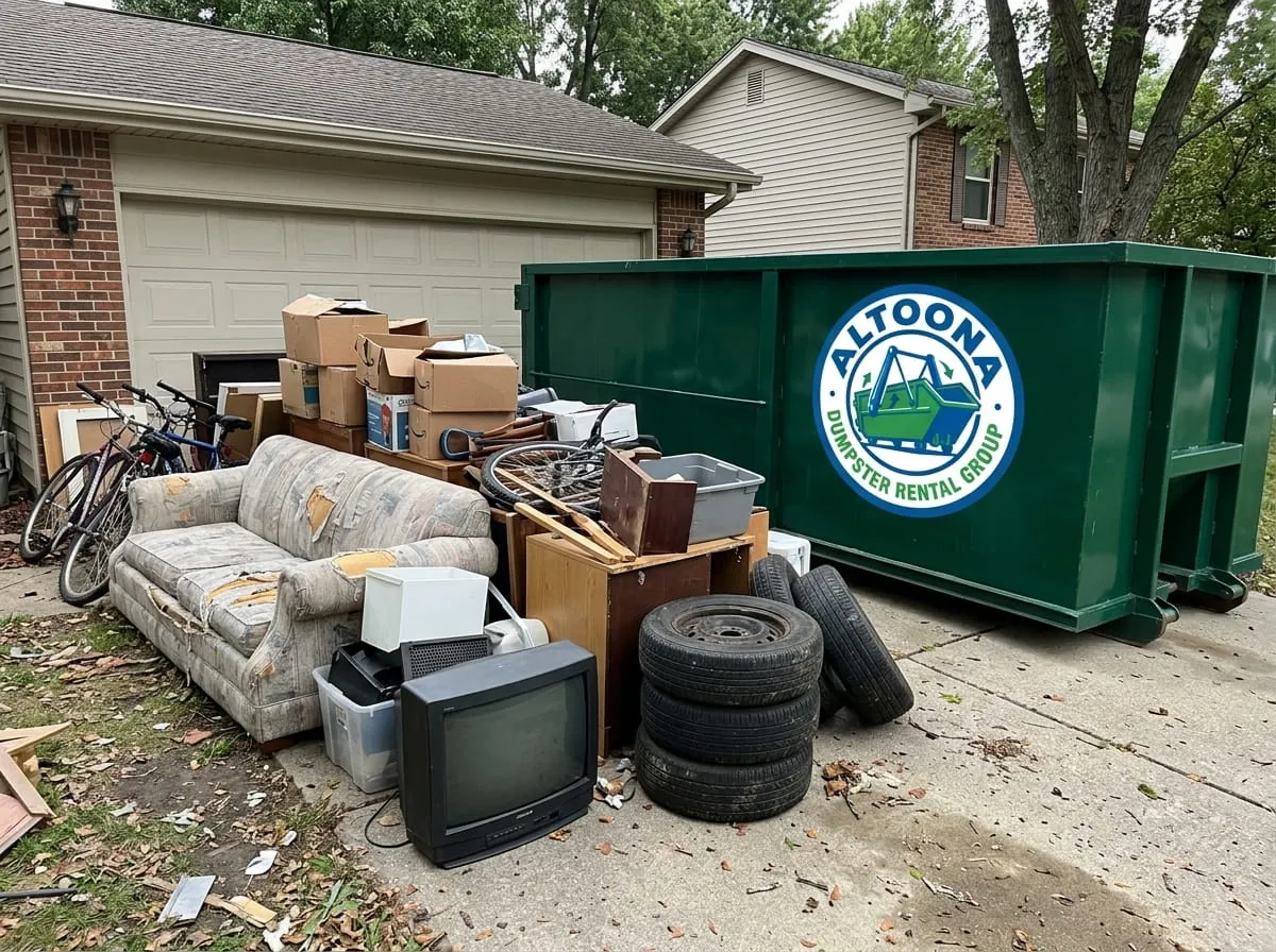 Roll-off container beside a household clearance pile Roll-off container beside a household clearance pile