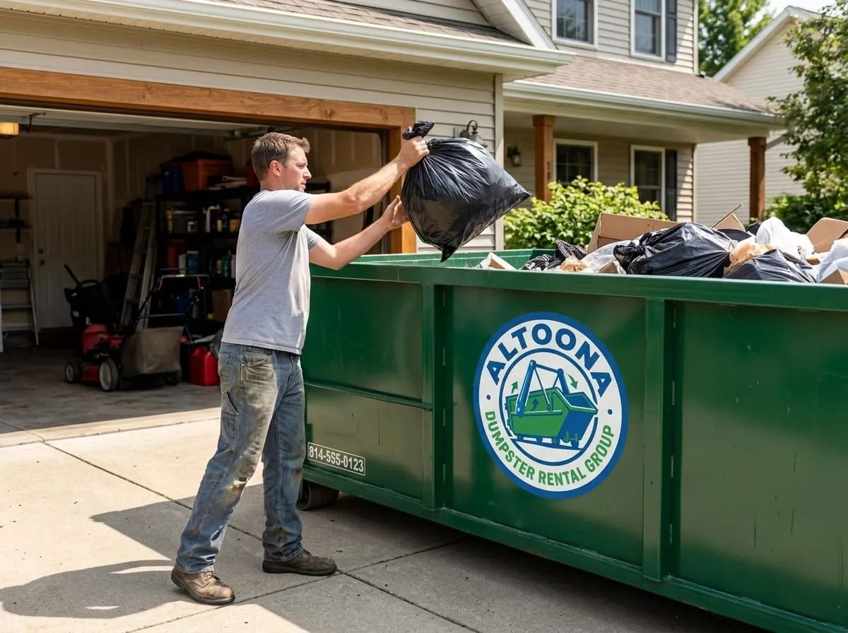 Loading household junk into a roll-off dumpster at an open garage Loading household junk into a roll-off dumpster at an open garage