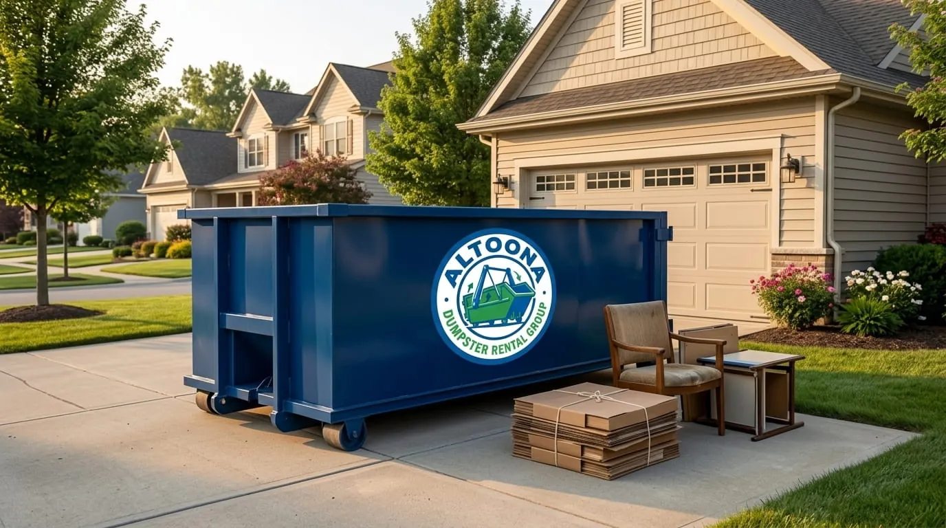 Roll-off dumpster on a residential driveway with boxes stacked alongside Roll-off dumpster on a residential driveway with boxes stacked alongside