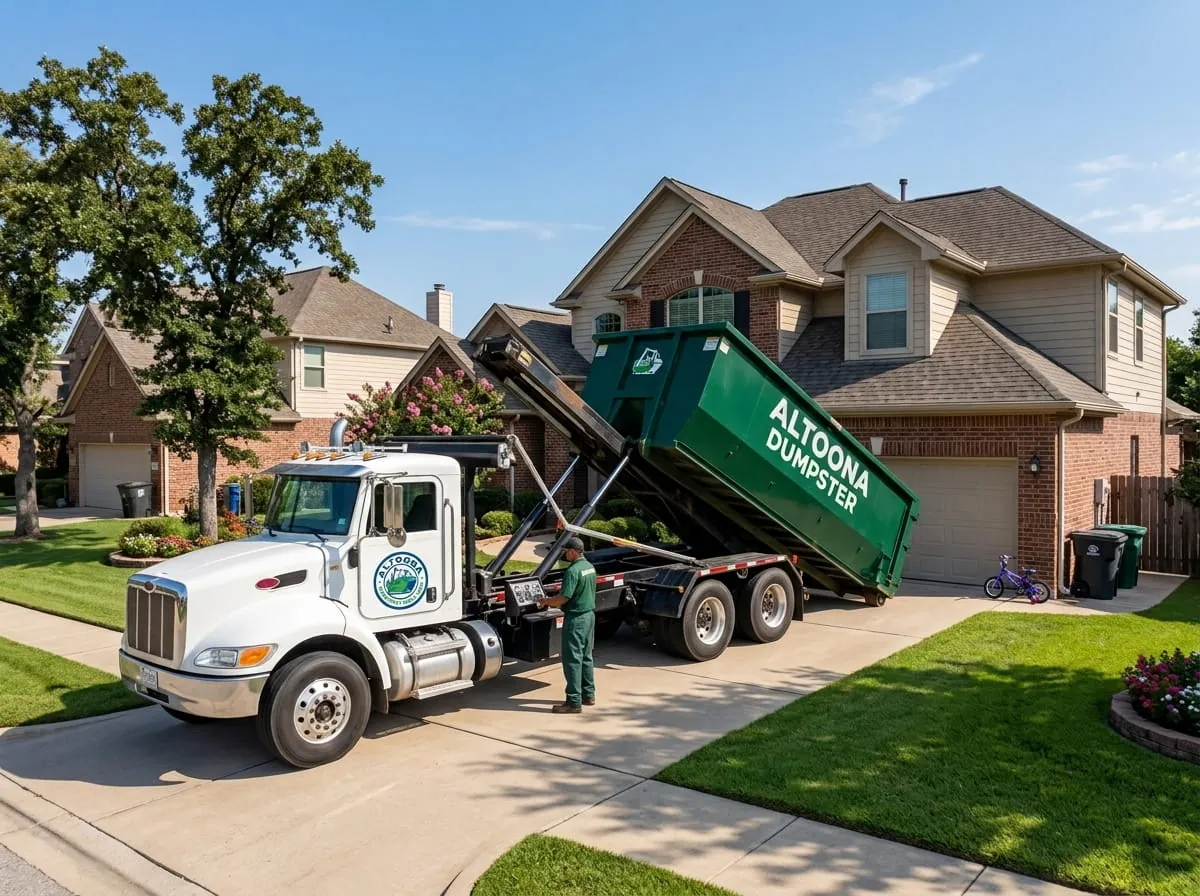Roll-off truck tipping a container into place at a home Roll-off truck tipping a container into place at a home