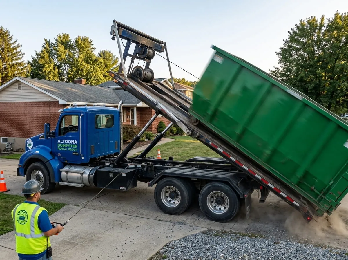 Altoona Dumpster Rental Group crew setting a roll-off container down Altoona Dumpster Rental Group crew setting a roll-off container down